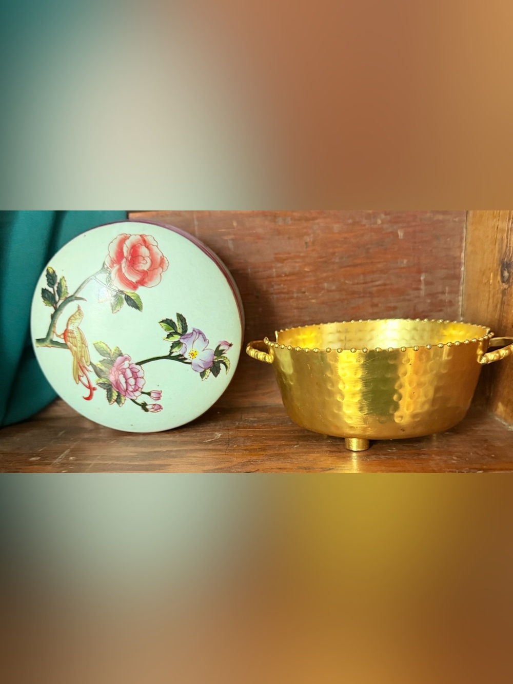 2 Candy Dishes One Hammered Gold and One Blue Floral ceramic